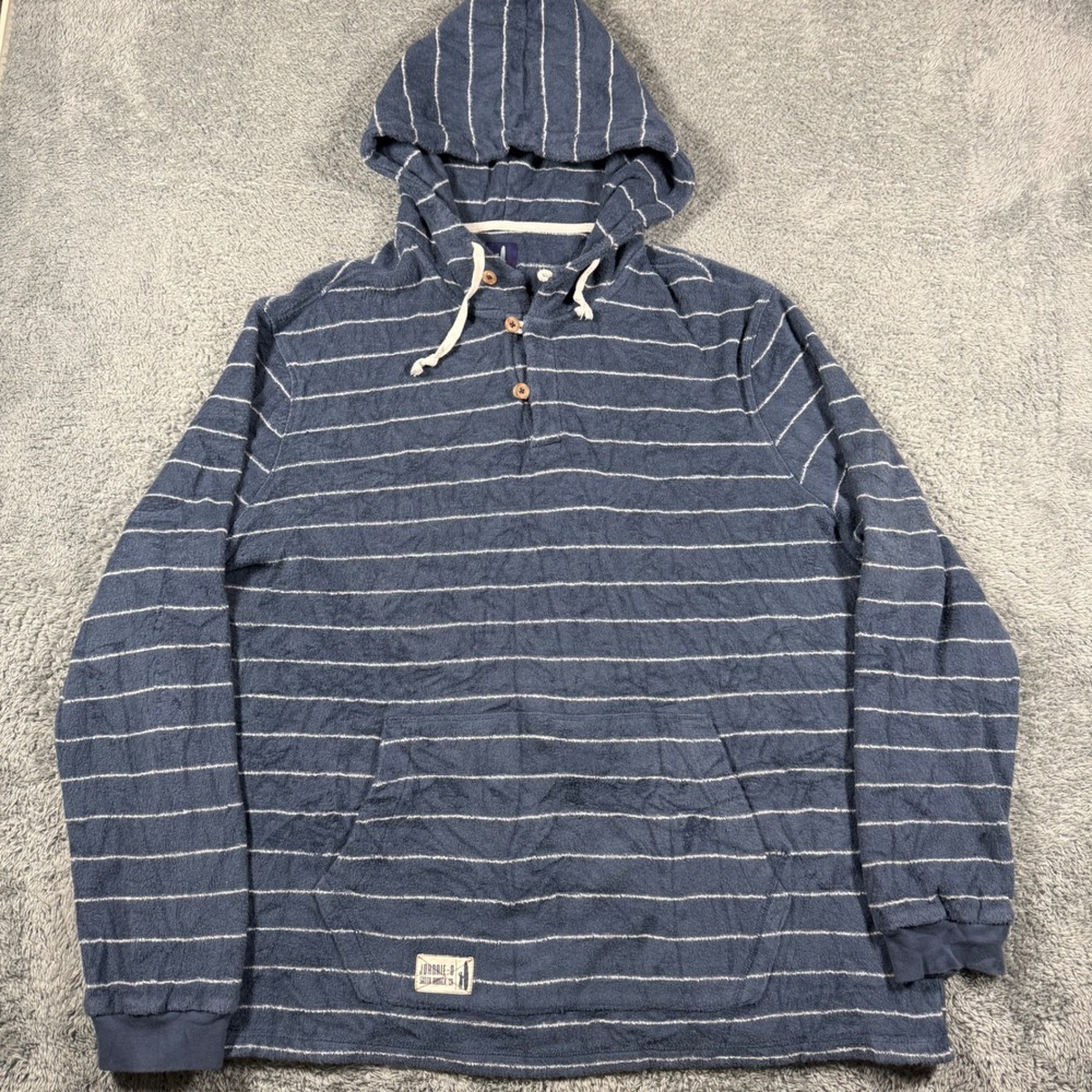 Johnnie-O Outboard Henley Hoodie Mens XXL Indigo Blue Striped Terry Cloth Pullov